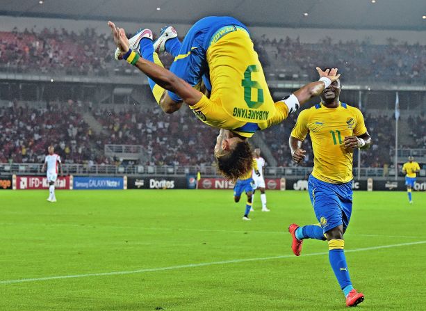 Will you fall head over heels for Gabon's striker Pierre-Emerick Aubameyang at the Africa Cup? The Borussia Dortmund striker celebrates scoring in Gabon's opening 2-0 win against Burkina Faso.