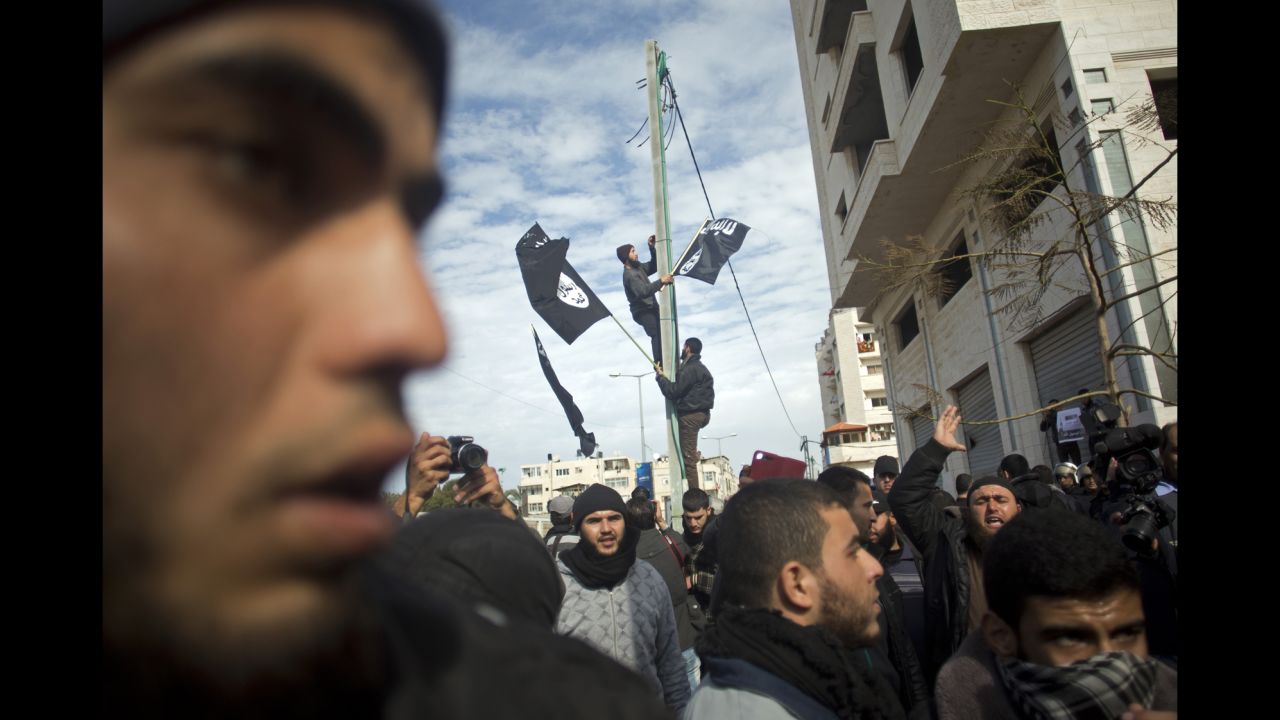 Palestinian Salafists protest against caricatures of the Prophet Muhammad published in the satirical French weekly magazine "Charlie Hebdo," outside the French Cultural Center in Gaza City, on Monday, January 19.