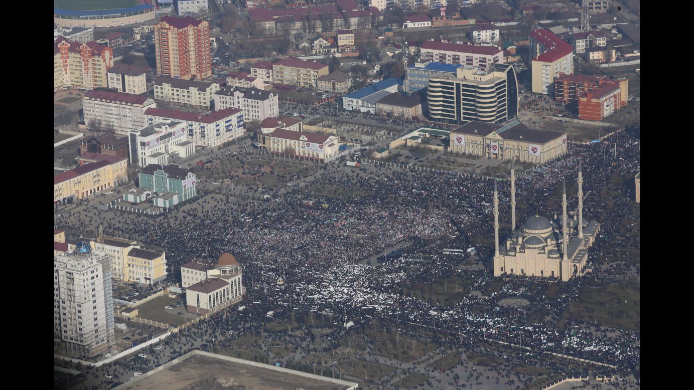 Demonstrators rally in downtown Grozny, Russia, on January 19.