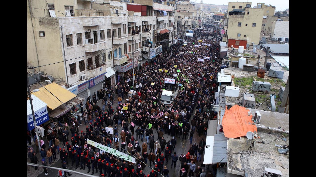 People gather to protest after Friday prayers in Amman, Jordan, on January 16.