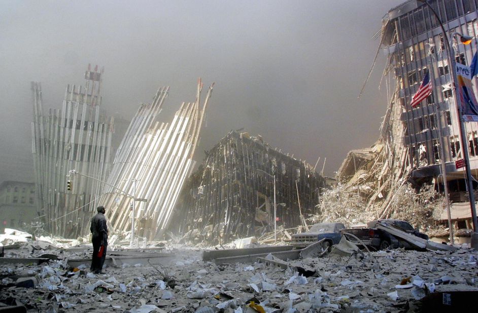 A man stands near the rubble, asking if anyone needs help, after the collapse of one of the World Trade Center towers on September 11, 2011. In what was the worst terrorist attack in U.S. history, 2,753 people were killed when two hijacked planes were intentionally crashed in the north and south towers of the New York buildings. Two other planes were also hijacked: One crashed into the Pentagon in Washington, and one crashed at a field near Shanksville, Pennsylvania.