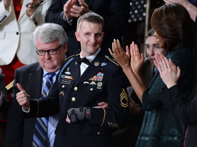 U.S. Army Ranger Cory Remsburg, who was wounded in Afghanistan, gives a thumbs-up while being honored during Obama's State of the Union address in 2014.