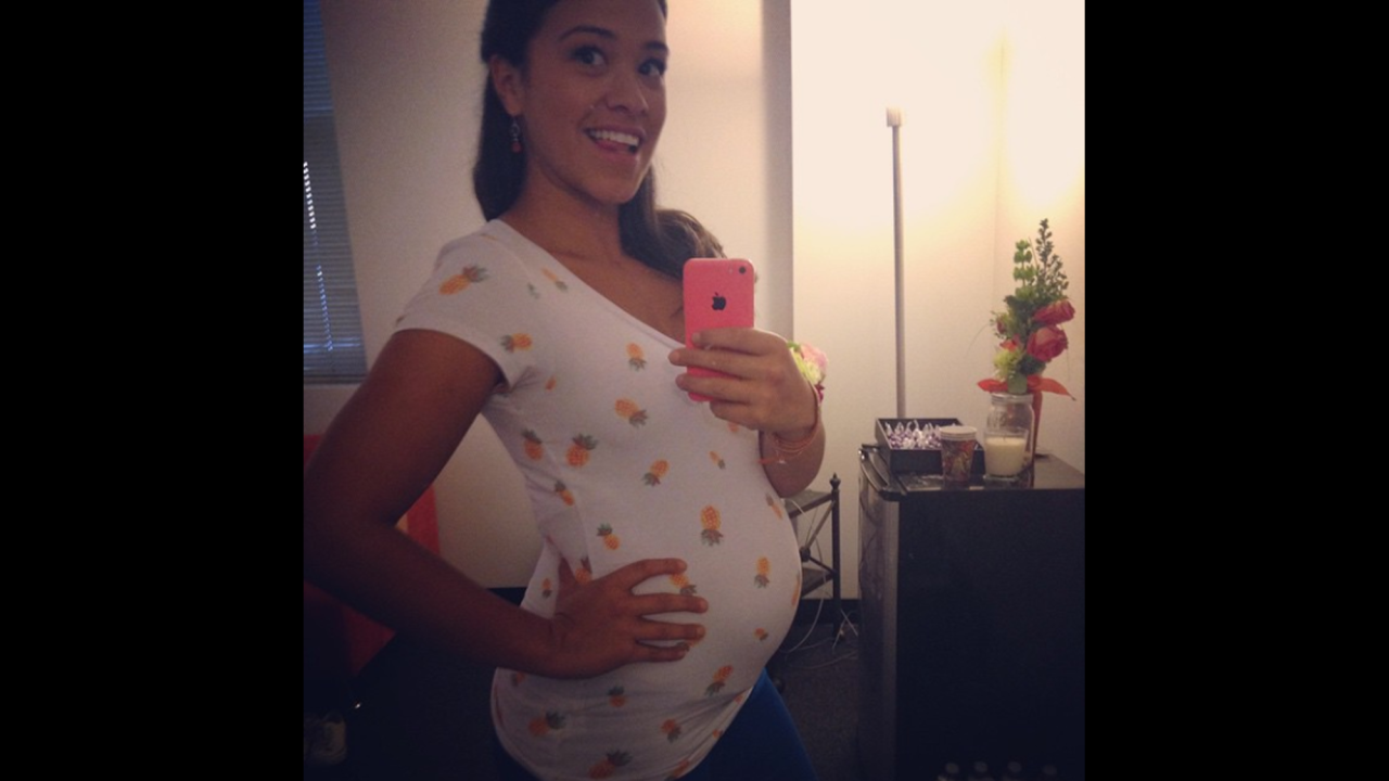 Actress Gina Rodriguez <a href="http://instagram.com/p/x7xDWGnLi8/?modal=true" target="_blank" target="_blank">shows off her character's baby bump</a> from the show "Jane the Virgin" on Friday, January 16.
