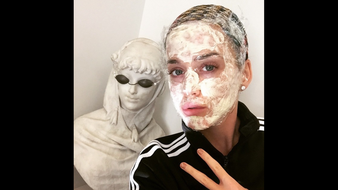 Pop star Katy Perry shared an unusual look in this selfie <a href="http://instagram.com/p/x5P4drP-dw/?modal=true" target="_blank" target="_blank">she posted to Instagram</a> on Thursday, January 15. "IRL facetune," she wrote, "#preppinforpuppybowl #swag #bringswagbackin2k15." Perry will be performing at the Super Bowl halftime show on February 1, going head to head with Animal Planet's "Puppy Bowl" counterprogramming.