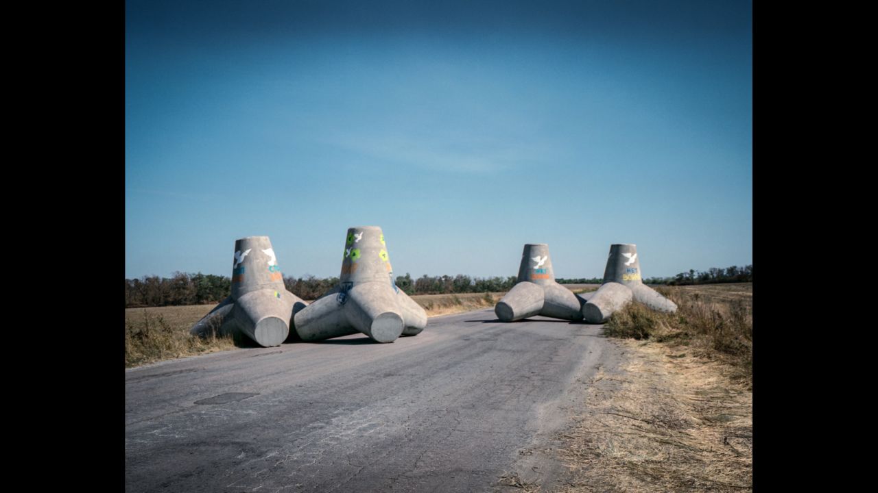 Cement wave-breakers block the road from Novoazovsk. Before the war that road was loaded with cars traveling between Russia and Ukraine. 