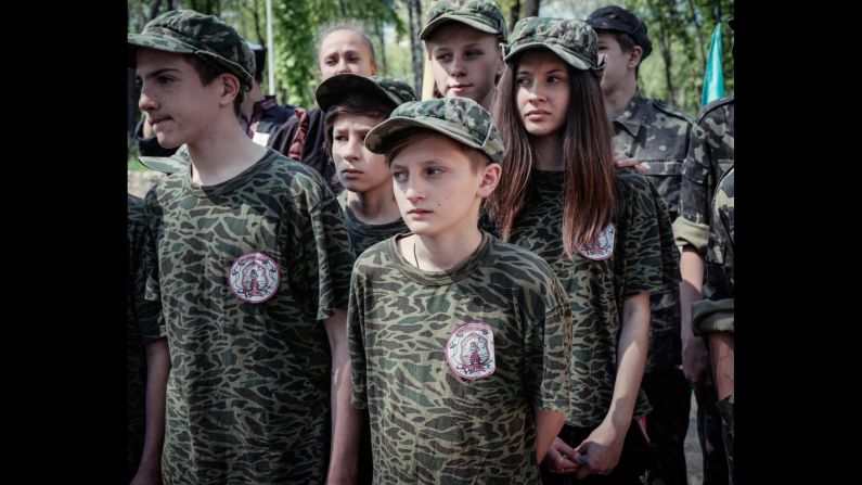 Schoolchildren take part in a survival skills exercise organized by local pro-Ukrainian Cossacks.