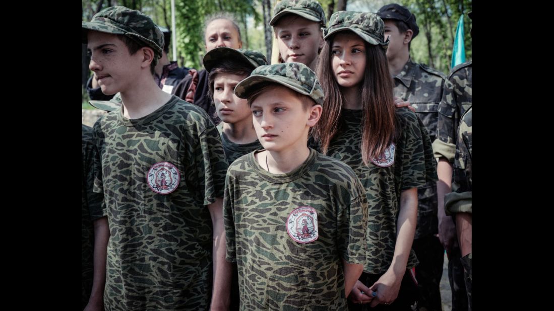 Schoolchildren take part in a survival skills exercise organized by local pro-Ukrainian Cossacks.