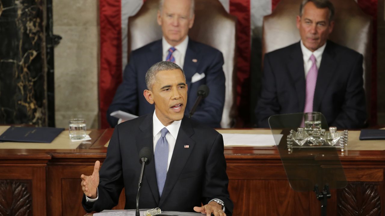 Vice President Joe Biden and House Speaker of Ohio listen as President Barack Obama gives his State of the Union address before a joint session of Congress on Capitol Hill in Washington, Tuesday, Jan. 20, 2015. (AP Photo/J. Scott Applewhite)