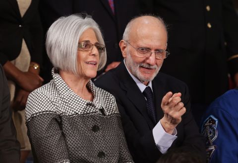 Gross, who had been held in Cuba since 2009, and his wife, Judy Gross, at the speech.