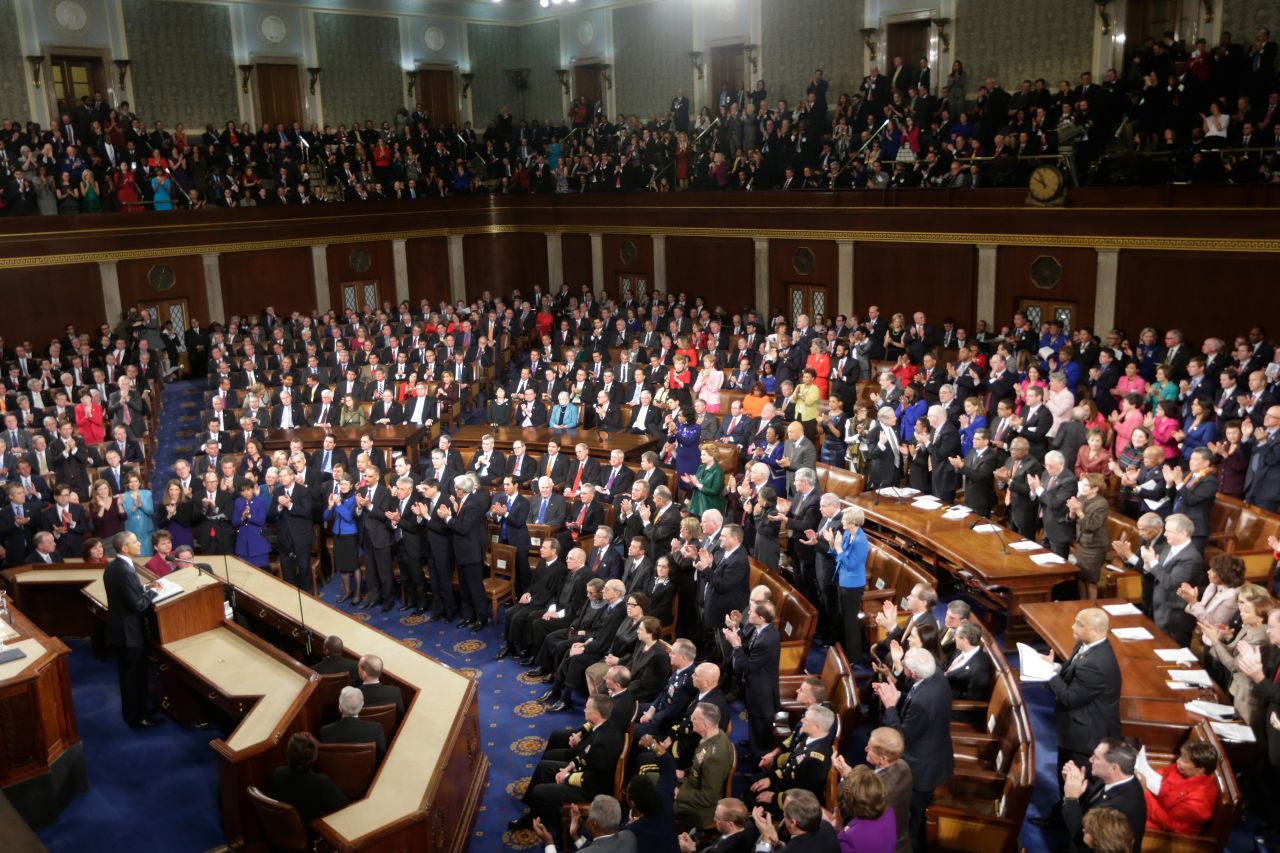 Obama began his speech at 9:10 p.m. in front of a joint session of the House and Senate, declaring that "the shadow of crisis has passed, and the state of the union is strong."