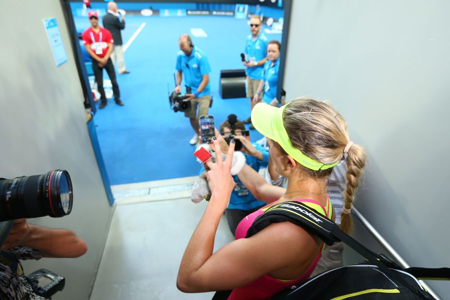 It's 2015, so selfies are nothing new. Here Eugenie Bouchard takes one after beating Kiki Bertens. 