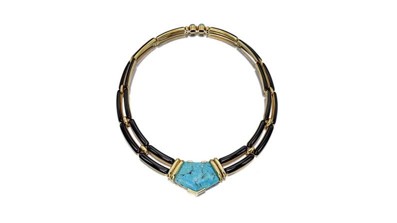This 18-karat yellow gold, enamel and turquoise necklace was originally sold by Beverly Hills jeweler Marvin Hime, and is expected to fetch around $7,000.