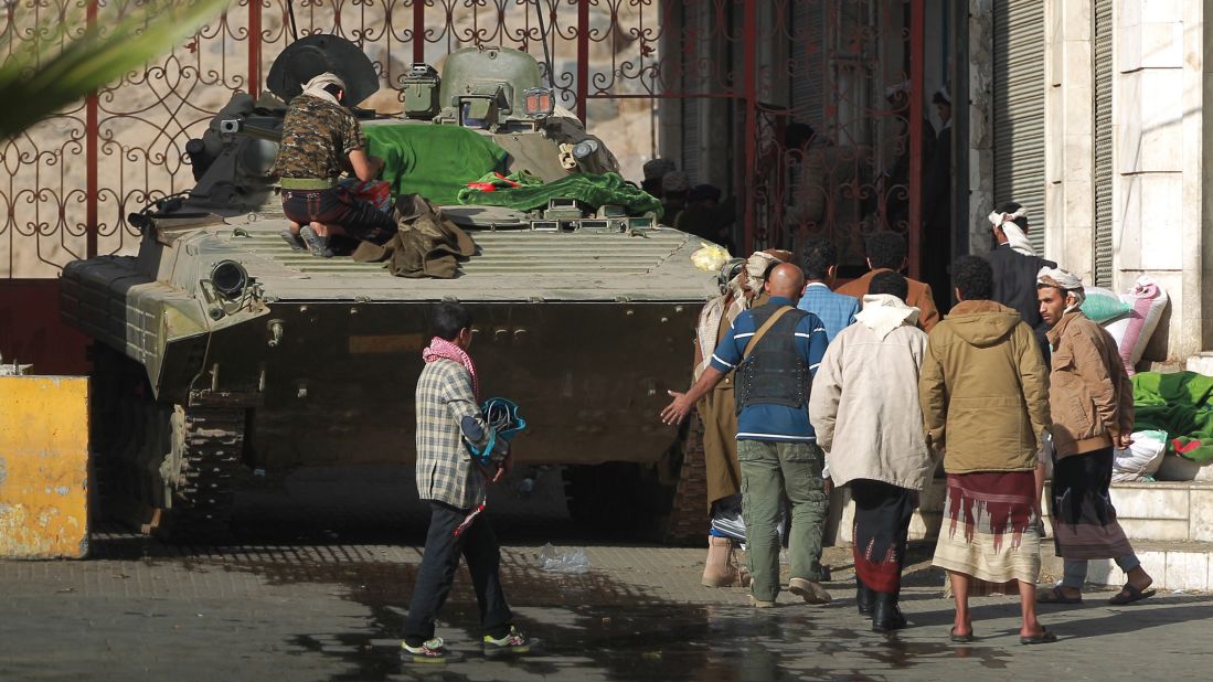 A tank is stationed in front of the Sanaa house of President Abdu Rabu Mansour Hadi on January 21.