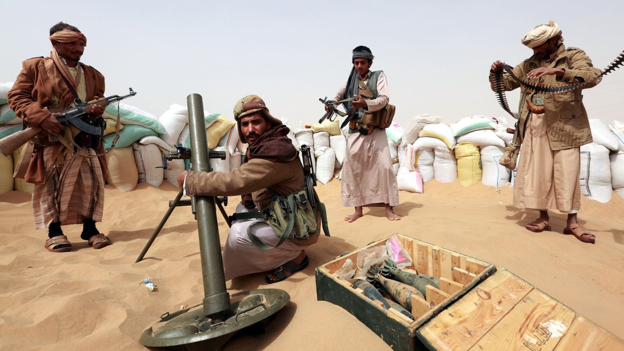 Tribal soldiers protecting the city from Houthi rebels stand guard at the city borders in Marib, Yemen, on January 19.