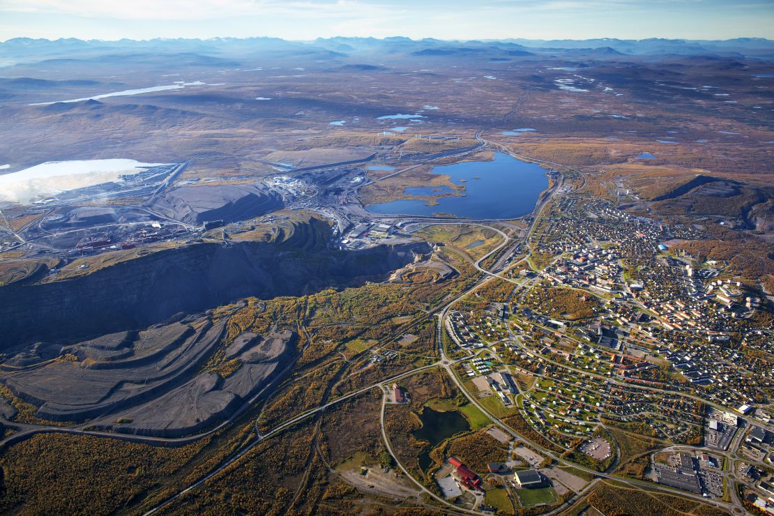The Swedish city of Kiruna and the LKAB mine (left) pictured from above.
