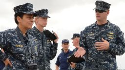 Capt. John R. Nettleton, right, discusses pier operations at Guantanamo Bay with Vice Chief of Naval Operations Adm. Michelle Howard and Rear Adm. Mary Jackson, commander of Navy Region Southeast during a tour of the base.
