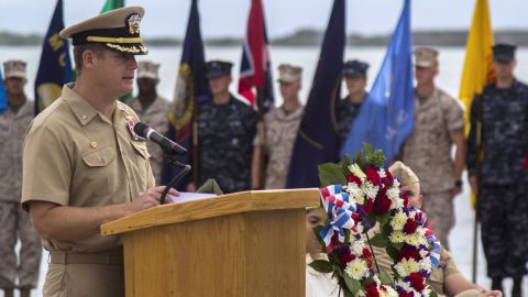 GUANTANAMO BAY, Cuba (June 4, 2014) Capt. John R. Nettleton, commanding officer of Naval Station Guantanamo Bay, Cuba, delivers remarks during a Battle of Midway commemoration ceremony. (US Navy photo)