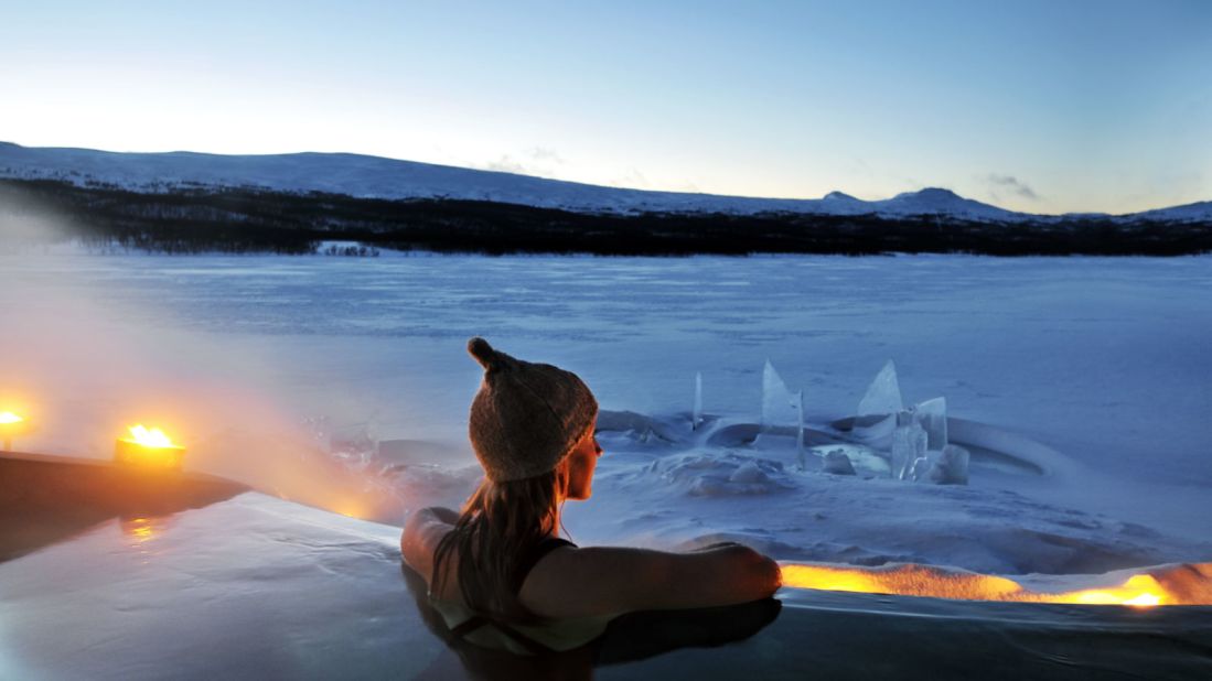 The Fjallnas hotel in Sweden features a heated outdoor spa pool.