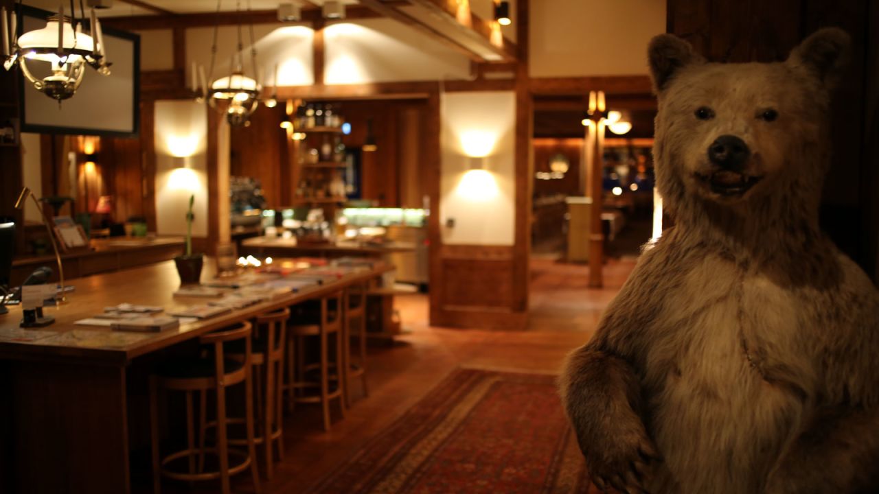 The wood-lined interior of the Fjallnas hotel features a menagerie of stuffed beasts.