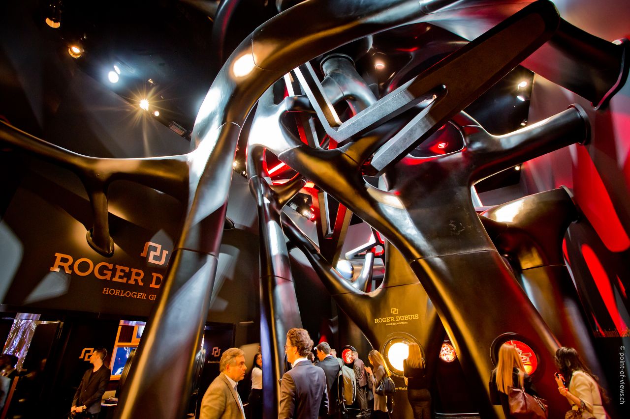 Founded in 1995, Swiss watchmaker <a href="http://www.rogerdubuis.com/" target="_blank" target="_blank">Roger Dubuis</a> is one of the youngest to exhibit at SIHH. And while many of the <em>maison</em>s were at pains to emphasize their long-standing heritage, Roger Dubuis used its youth as an advantage, putting on a display of unabashed cyber futurism.  