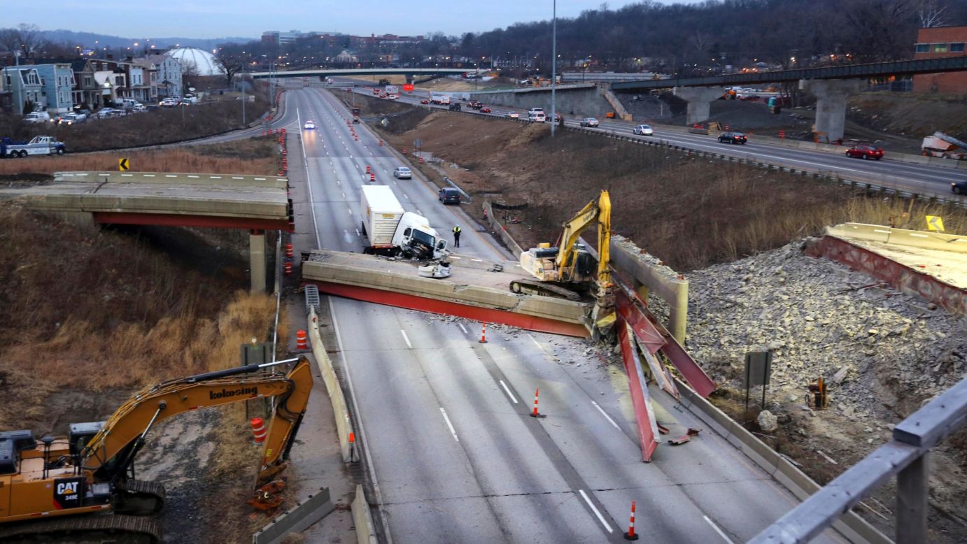 Work continues Tuesday, January 20, after several hundred tons of concrete fell from an overpass and crashed onto Interstate 75 in Cincinnati. The <a href="http://www.cnn.com/2015/01/20/us/ohio-overpass-collapse/index.html" target="_blank">"catastrophic pancake collapse"</a> occurred the night before as workers were preparing for the demolition of the overpass, the Cincinnati Fire Department said. The collapse killed a worker and injured a truck driver.