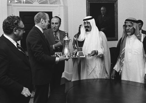 U.S. President Gerald Ford accepts a gift from Prince Abdullah in Washington in July 1976. Abdullah became King of the oil-rich nation, a key U.S. ally in the Middle East, in August 2005.