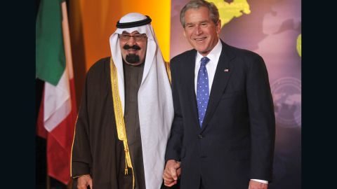 President George W. Bush poses with Saudi Arabian King Abdullah bin Abd al-Aziz Al Saud during a summit in Washington, DC in 2008.