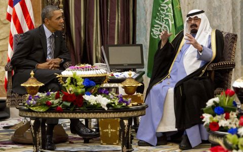 The King meets with U.S. President Barack Obama at Rawdat Khurayim, the monarch's desert camp in Saudi Arabia, on March 28.