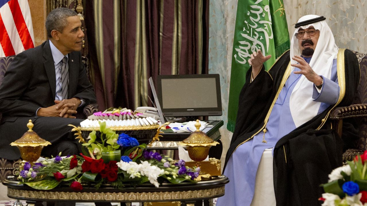 President Barack Obama meets with Saudi King Abdullah at Rawdat Khurayim, the monarch's desert camp, on March 28, 2014.