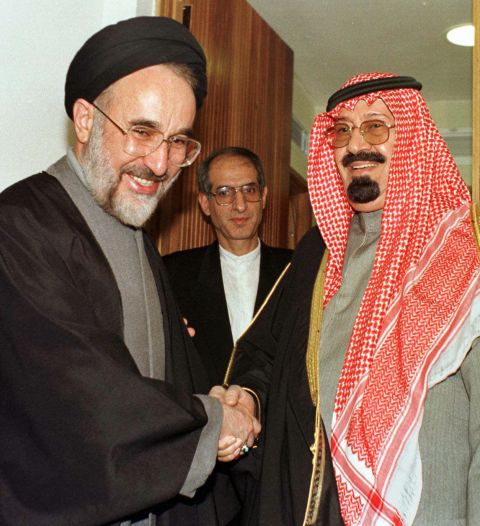 Iranian President Mohammad Khatami meets Prince Abdullah in December 1997, during a break of the Islamic Conference summit in Tehran, Iran. Abdullah was the highest-ranking Saudi official to visit Tehran since the 1979 Iranian Islamic Revolution. 