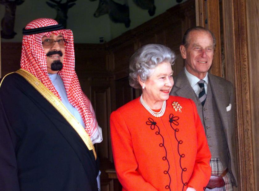 Britain's Queen Elizabeth and Prince Philip meet with Prince Abdullah for lunch at her Scottish residence, Balmoral Castle, in September 1998.