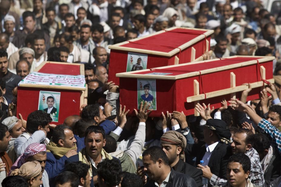 On Friday, January 23, Houthis carry coffins of those killed during recent clashes with presidential guard forces in Sanaa.