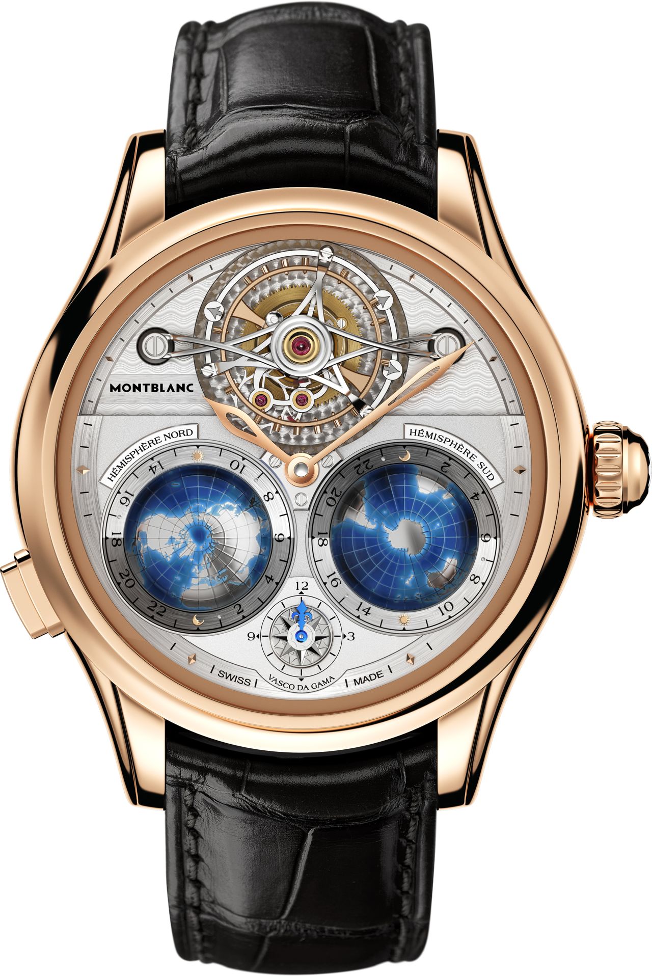 <a href="https://montblanc.com/en-gb/default.aspx?sc_lang=en-gb" target="_blank" target="_blank">Montblanc</a>'s Tourbillon Cylindrique Geosphères Vasco da Gama was inspired by the Portuguese explorer, who established the first ocean route from Europe to Asia. A disc around each globe, which represent the northern and southern hemispheres, rotate once a day to reflect the passing of day and night. 