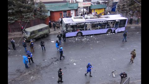 A trolleybus is damaged in Donetsk's Lenin District after its station was hit by a shell on January 22.