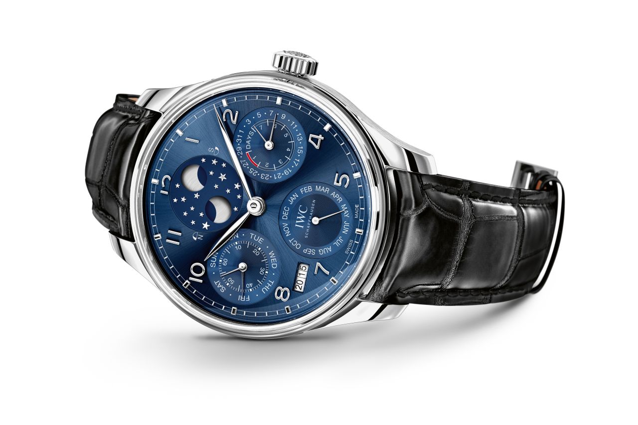 <a href="http://www.iwc.com/en-uk/" target="_blank" target="_blank">IWC</a>'s Portugieser Perpetual Calendar with a double moon reflects with phase of the moon in both hemispheres. This year marks the 75th anniversary of the Portugieser watch family.