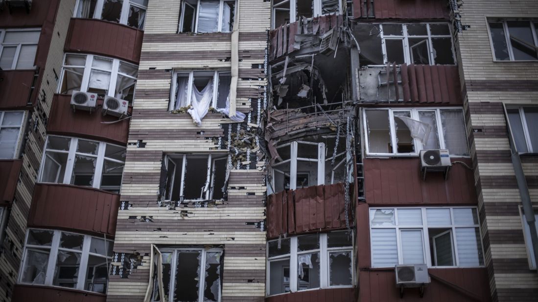 A building hit by Ukrainian artillery is seen in the Voroshilovsky area of Donetsk on January 18.