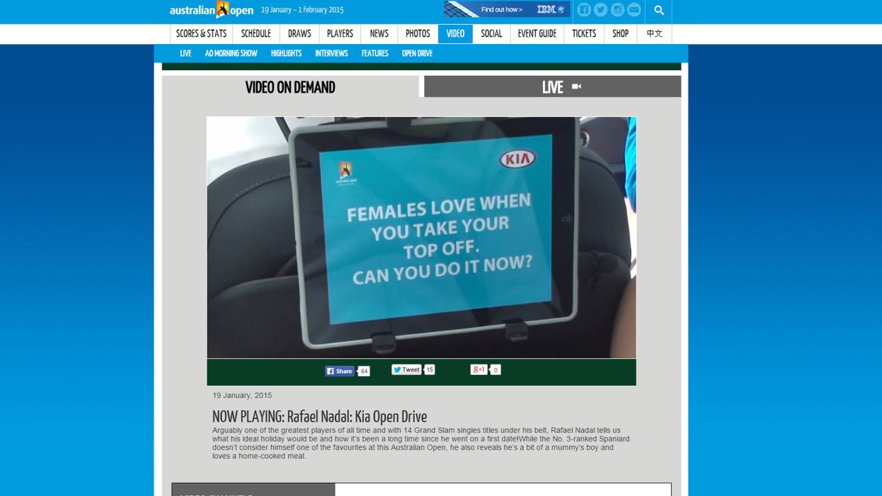 Earlier in the tournament, a request came in for Rafa Nadal to take his top off. The question appeared on a tablet device (pictured) in a car the Spaniard was traveling in Melbourne.     