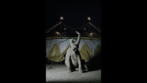 An elephant sits outside a circus tent in Germany.