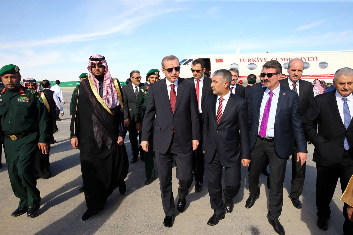 Turkish President Recep Tayyip Erdogan, third from left in the front row, arrives in Riyadh to attend the funeral.