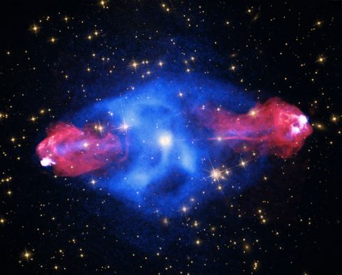 By releasing these images, NASA wants to demonstrate how astronomy uses light technologies every day to gain understanding of the inner-workings of the Universe. <br /><br />The Cygnus A galaxy, over 700 million light years away, has a giant bubble of hot, X-ray emitting gas (indicated in blue). Radio data, shown in red, reveal "hot spots" of powerful jets.<br />