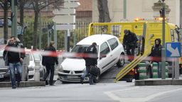 A car belived to be have been used by an attacker who shot dead a female police in Montrouge, a southern suburb of Paris, is loaded onto the back of a truck in the suburban town of Arceuil on January 8, 2015.