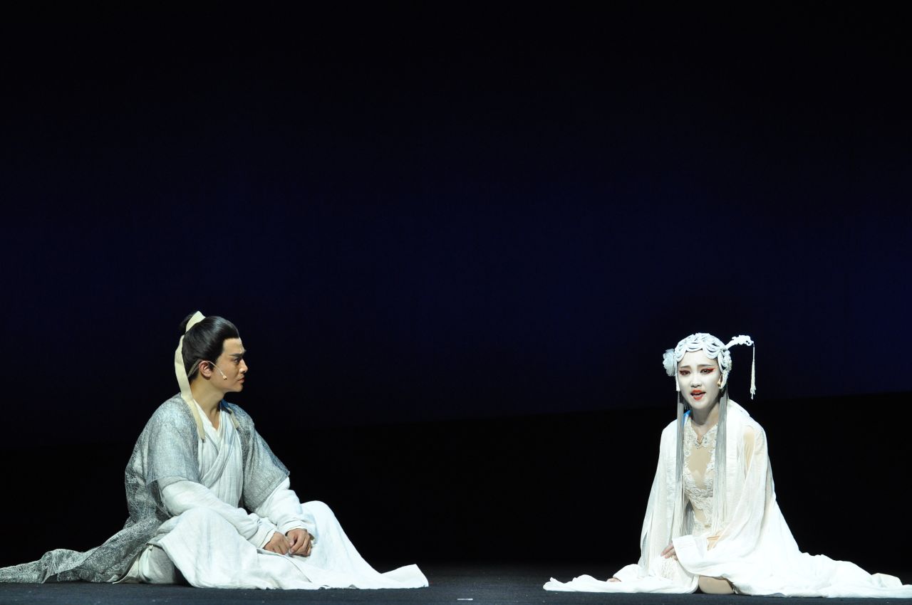 The musical draws on a supernatural love story written during the early Qing Dynasty between a female ghost, Nie Xiaoqian (R) and a young scholar, Ning Caichen (L).