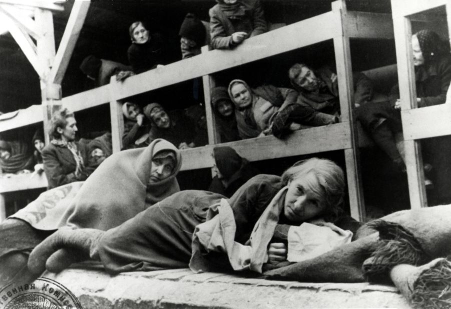 Female survivors in the barracks at the camp.  Hundreds of prisoners were housed in the crowded quarters. 