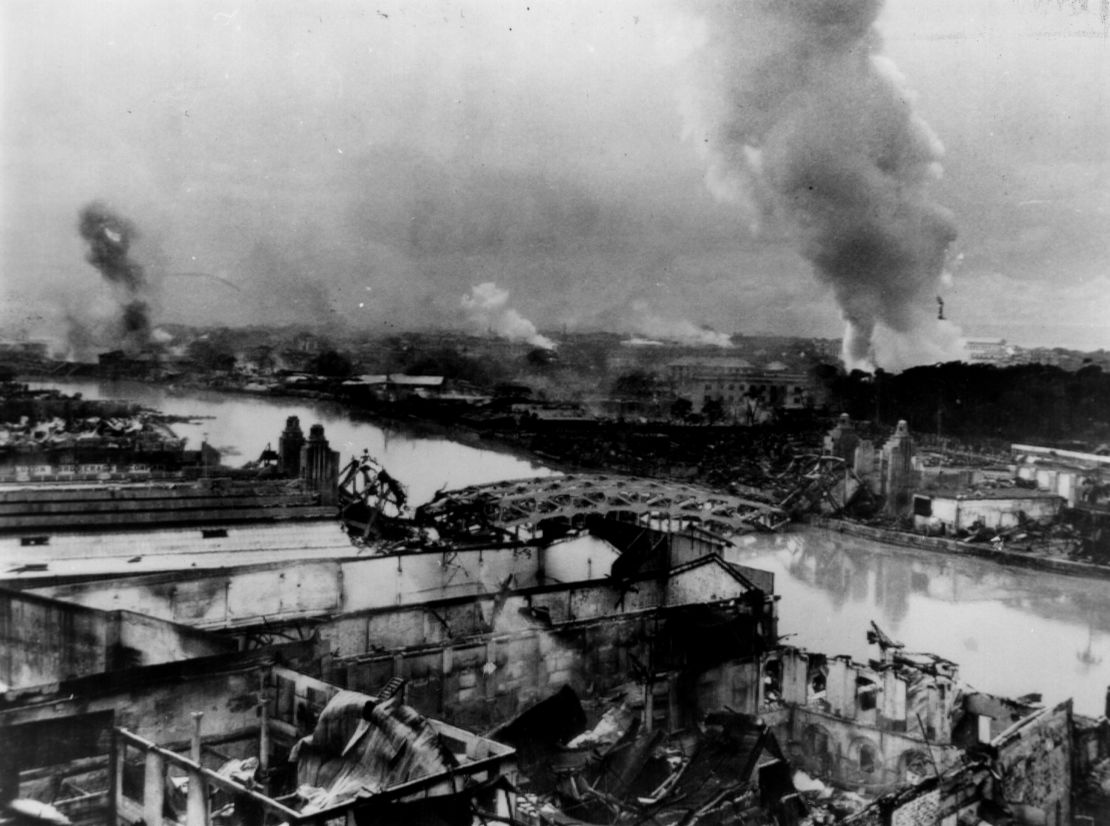 Manila burns following the bombing by the Japanese forces, and the fires set when they left the city as American troops recaptured it, as captured on February 27, 1945. 