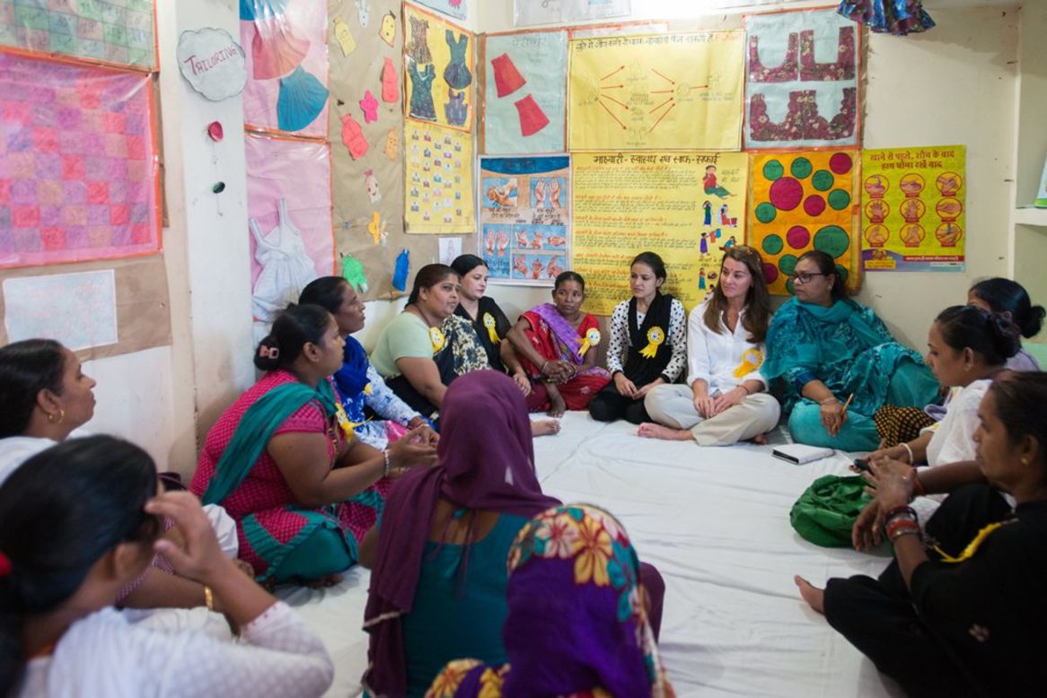 Melinda Gates meets with a local women's group to discuss sanitation issues in New Delhi in September 2014. 