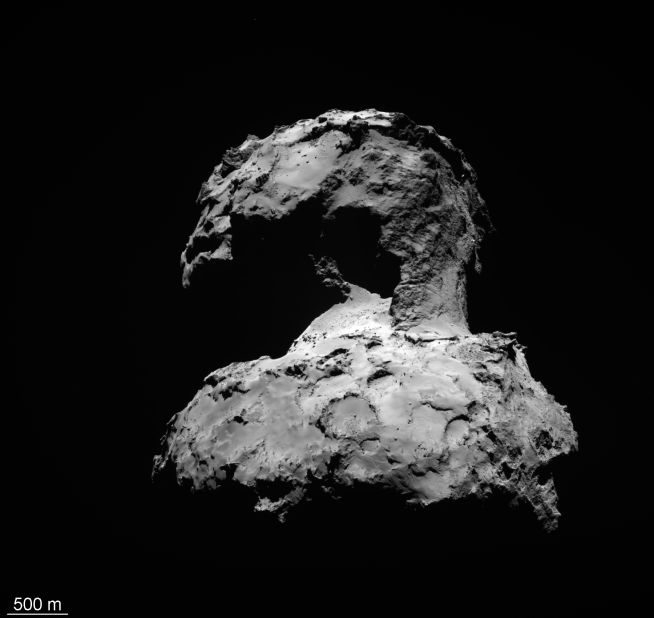 Rosetta snapped this wide-angle view of Comet 67P/Churyumov-Gerasimenko in September 2014. Rosetta was about 107 million miles (172 million kilometers) from Earth and about 92 million miles (148 million kilometers) from the sun when the photo was released.
