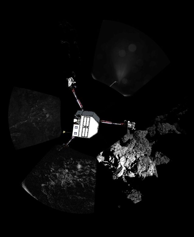 Philae snapped these images after landing, and mission scientists used them to create a panoramic view of the landing site. A graphic shows where the probe would be sitting in the photograph.