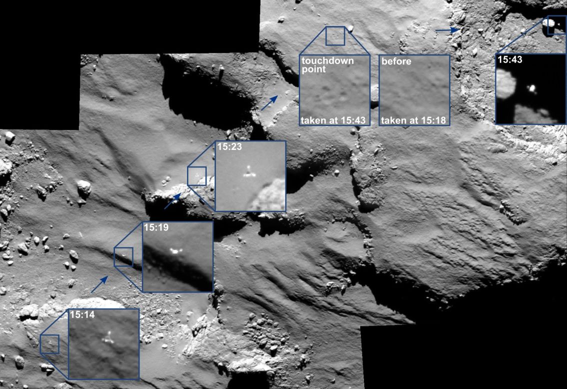 Rosetta's lander, Philae, wasn't able to get a good grip on the comet after it touched down. This mosaic shows Philae's movements as it bounced across the comet.