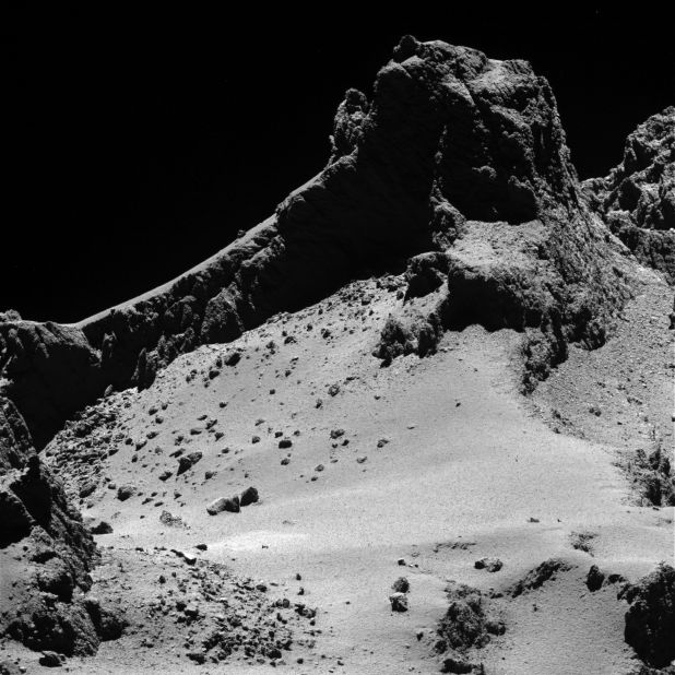 Rosetta took this picture of a section of the comet's two lobes from a distance of about 5 miles (8 kilometers) on October 14, 2014.