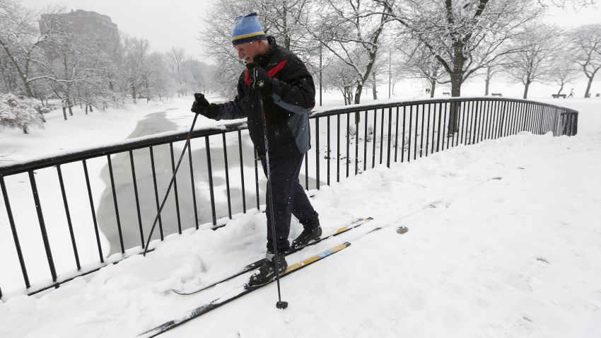 Irv Rosenberg skis on the Esplanade in Boston on January 24.